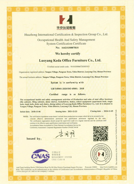 CHINA LUOYANG KEDA OFFICE FURNITURE CO., LTD certificaten